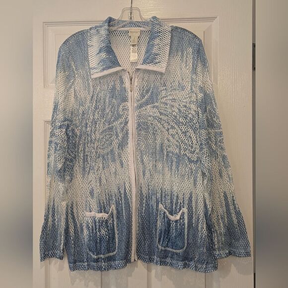 Chico's Blue White Perforated Zip Front Jacket Cover Up Mesh Cardigan Boho Sz 3X - Picture 4 of 12